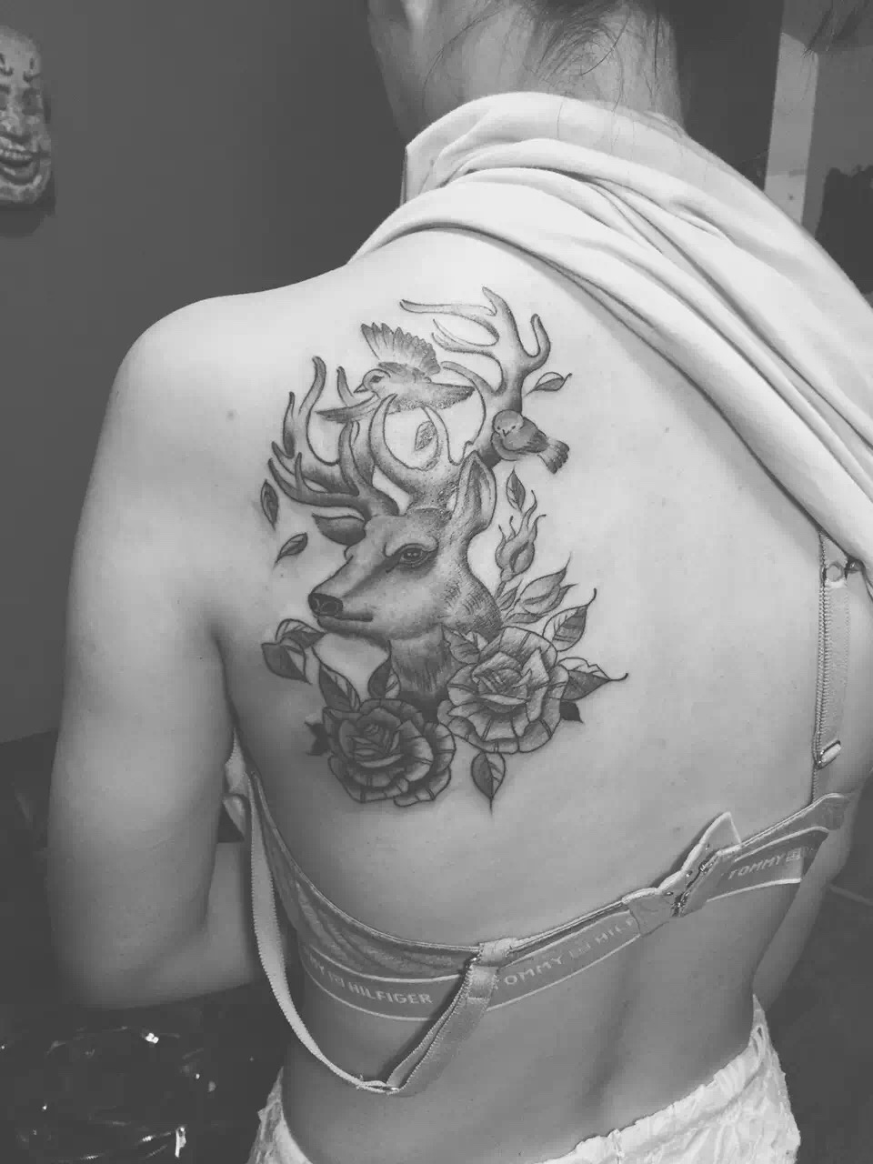 小张左肩背部鹿角吉祥鸟配牡丹纹身图案