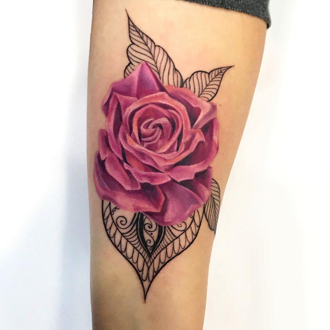 小臂彩色梵花玫瑰纹身图案