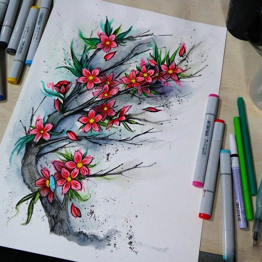 桃花纹身含义寓意 16幅桃花纹身手稿,效果图